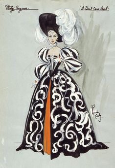 a drawing of a woman in a black and white dress