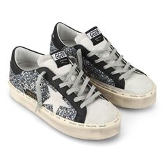 Only Worn Twice!! Pretty Much Brand New Great Condition With Blue Silver And Black Sparkles Silver Glitter Print Lace-up Sneakers, Silver Sneakers With Glitter Print And Round Toe, Silver Glitter Print Sneakers With Round Toe, Silver Sparkling Sneakers With Round Toe, Golden Goose Glitter, Black Sparkles, Shoes Golden Goose, Goose Shoes, Nike Air Max Tn