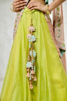 Green attached cancan lehenga with hand embroidered border and attached peach draped pallu with hand embroidered border. Paired with a sky blue padded blouse with hand embroidered floral motifs. - Aza Fashions Cancan Lehenga, Lehenga Pattern, Padded Blouse, Embroidered Lehenga, Embroidered Border, Dupion Silk, Lehenga Saree, A Sky, Floral Motifs