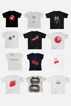 an assortment of t - shirts with different designs on them, all in black and white