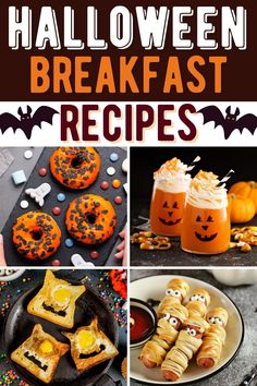 halloween breakfast recipe collage with pumpkins, pretzels and other treats in the background