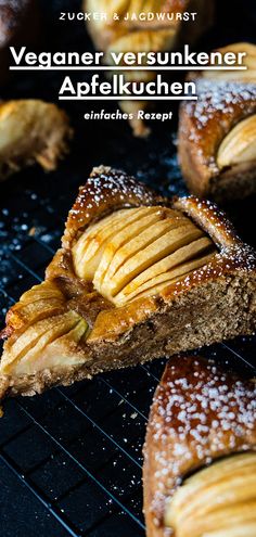 vegan apple cake on a cooling rack with powdered sugar