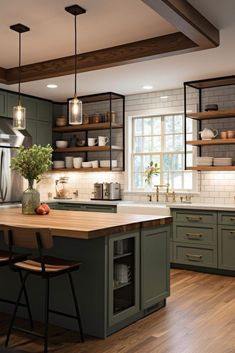 a kitchen with wooden floors and green cabinets, an island countertop and open shelving