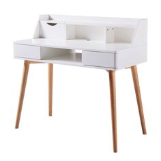 a white desk with two drawers and wooden legs