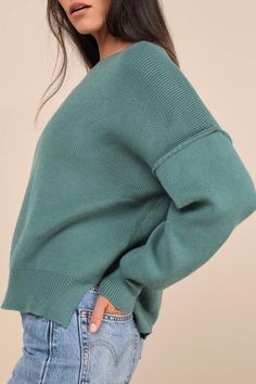 You'll love every minute you spend bundled up in a cute and comfy look like the Lulus Coziest Option Teal Green Oversized Pullover Sweater! Medium-gauge ribbed knit shapes this coveted sweater that features a crew neckline and long sleeves with drop shoulders and fitted cuffs. The trendy, oversized silhouette finishes with a notched hem. Contrasting ribbed knit accents the neckline, cuffs, and hem. Fit: This garment fits true to size. Length: Size medium measures 24" from shoulder to hem. Bust: Great for any cup size. Waist: Not Fitted - comfortable room throughout midsection. Undergarments: May be worn with any standard bra. Fabric: Fabric is very stretchy. Unlined. 50% Viscose, 28% Polyester, 22% Nylon. Hand Wash Cold. Do Not Bleach. Line Dry. Iron Low Heat. Imported. Lulus | Coziest Opt Sweater Oversized, Comfortable Room, Oversized Pullover, Oversized Silhouette, Cute Sweaters, Oversized Sweater, Teal Green, Pullover Sweater, Crew Neckline