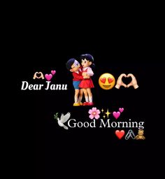 two people standing next to each other in front of a black background with the words good morning