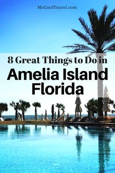 an empty swimming pool with palm trees and the words 8 great things to do in amelia island, florida