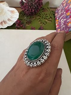 Complement your sense of style and personality with this gorgeous piece beautifully handcrafted by our skilled Indian craftsmen from Jaipur in German Silver with stone. One piece ♥️ Size: US 7. Material: German Silver, Green Onyx Fusion Style Oval Jewelry With Stone Setting, Oval Fusion Jewelry With Stone Setting, Unique Oval Gemstones With Stone Setting, Handmade Oval Emerald Bohemian Ring, Traditional Oval Emerald Ring, Traditional Natural Stones Ring Jewelry, Fusion Style Emerald Gemstone Ring For Gift, Traditional Jewelry Ring With Natural Stones, Traditional Natural Stone Ring Jewelry