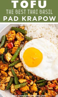 the best thai pad krapow with fried eggs and rice in a white bowl