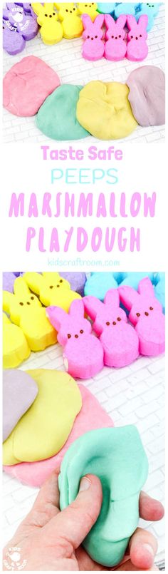 colorful play dough is being held up by someone's hand with the words taste safe peeps marshmallow playdoun