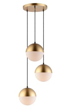 three pendant lights hanging from the ceiling with white and gold shades on them, one light is