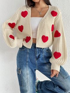 Heart Pattern Drop Shoulder Duster Cardigan Multicolor Casual  Long Sleeve Fabric Heart  Slight Stretch Fall/Winter Women Clothing, size features are:Bust: ,Length: ,Sleeve Length: Crochet Sweater Design, Gilet Crochet, Oversized Sweaters, Mode Abaya, Cardigan Casual, Cardigan Style, Sweater Outfit, Cropped Cardigan Sweater, 자수 디자인