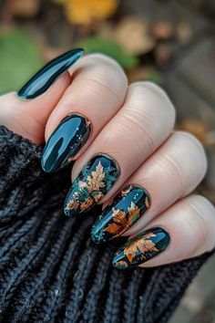 Nail Art Designs In Dark Color, Dark Autumnal Nails, Dark Teal Fall Nails, Teal Fall Nail Designs, Teal Autumn Nails, Teal Nails Fall, Leaf Nails Fall, Stilleto Fall Nail Designs, Nail Ideas Fall Autumn