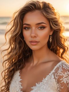 a woman with long curly hair wearing a white dress and earrings on the beach at sunset