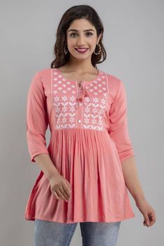 Pink long top design for women Top Designs For Women, Stylish Short Dresses, Indian Textiles, Women Pink, Viscose Rayon, Frock Design, Stylish Dress Designs, Top Design, Kurti Designs