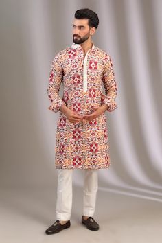 Ivory kurta with multicolour resham thread embroidered mughal floral patterns. Comes with pant. - Aza Fashions Cream Chanderi Kurta With Printed Motifs, Designer Cream Kurta With Printed Motifs, Festive Cream Kurta With Printed Motifs, White Sherwani With Printed Motifs, Straight Kurta, Designer White Sherwani With Printed Motifs, Traditional Kalamkari Print Sherwani For Eid, White Naqshi Traditional Wear For Navratri, Multicolor Cotton Kurta With Naqshi Detailing, Multicolor Naqshi Kurta