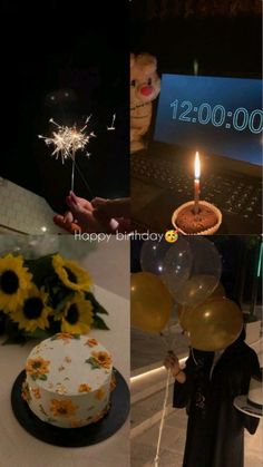 a collage of photos with sunflowers, cake and balloons in the foreground