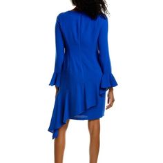 Color/Pattern: Royal Blue Approximately 37in From Shoulder To Hem Model Is 5'9 And Is Wearing A Size 4. Measurements May Vary Slightly By Size. Design Details: Crepe Design, Bell-Sleeves, Asymmetrical Ruffle Trim Center Back Zipper With Hook-And-Eye Closure 100% Polyester Dry Clean Only Imported Blue Shift Dress For Party, Blue Shift Dresses For Party, Blue Sheath Midi Dress For Fall, Fitted Blue Dresses For Fall, Fitted Blue Dress For Fall, Blue Long Sleeve Lined Mini Dress, Blue A-line Mini Dress With Ruffle Hem, Pleated Halter Dress, Purple Long Sleeve Dress