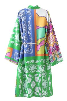 Goodnight Macaroon 'Hilda' Paisley Stand Collar Open Front Kimono Long Sleeves V-Neck Collared Waist-Tie Measurements: S - Chest 100cm, Shoulder 51cm, Length 114cm, Sleeve 45cm M - Chest 104cm, Shoulder 52cm, Length 115cm, Sleeve 46cm L - Chest 110cm, Shoulder 53cm, Length 116.5cm, Sleeve 47.5cm Machine cold and gentle cycle or hand wash cold Lay flat to dry / do not tumble dry Iron on a low heat setting If you are unsure or need assistance selecting the proper size or color, please contact our Multicolor V-neck Kimono For Fall, Green Printed V-neck Kimono, Multicolor V-neck Kimono For Spring, Green V-neck Kimono For Spring, Green Floral Print V-neck Kimono, Multicolor V-neck Kimono For Daywear, Multicolor Printed Kimono For Daywear, Green V-neck Kimono For Fall, Green V-neck Printed Kimono