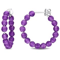 Enhance your style with these exquisite amethyst beaded hoop earrings, featuring a total gem weight of 4 carats. Each hoop is adorned with delicate amethyst beads, showcasing their captivating purple hue. Crafted with sterling silver, these earrings exude timeless sophistication and durability. Perfect for both casual and formal occasions, these amethyst beaded hoop earrings will effortlessly elevate your look with their understated elegance. Purple Gemstone Hoop Earrings, Elegant Purple Hoop Earrings, Hoop Jewelry With Faceted Beads, Faceted Beads Round Jewelry, Gift Hoop Earrings With Faceted Beads, Small Hoop Earrings With Faceted Beads, Elegant Purple Round Hoop Earrings, Bracelets Gold Diamond, Gold Diamond Earrings