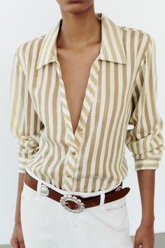 FLOWY STRIPED SHIRT - Ecru / Green | ZARA United States Zara Outfit Women, Gaucho Pants, Zara Outfit, Zara Blouse, Cardigan Sweater Jacket, Shirt Blouses Tops, Stripe Shirt, Blazer And Shorts, Women Shirts Blouse