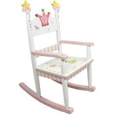 a white rocking chair with pink trim and crown on the back, sitting in front of a white background