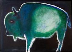 a painting of a green bull on a black background