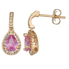 Crafted from 14k gold, and adorned with pear-cut pink sapphires and diamond accents, these teardrop earrings offer an elegant look you'll love. Crafted from 14k gold, and adorned with pear-cut pink sapphires and diamond accents, these teardrop earrings offer an elegant look you'll love. Length: 5/8 in. Backings: post Metal: 14k gold Plating: rhodium Finish: polished Packaging: boxed STONE DETAILS Stone type: pink sapphire Center stone size: 6 mm x 4 mm Shape: pear Setting: prong DIAMOND DETAILS Pink Teardrop Jewelry With Prong Setting, Pink Teardrop Jewelry With Halo Setting, Pink Diamond Teardrop Earrings, Pink Teardrop Diamond Earrings, Pink Teardrop Earrings With Prong Setting, Fine Jewelry Pink Teardrop Earrings, Post Metal, Rose Gold Pink, Pear Cut