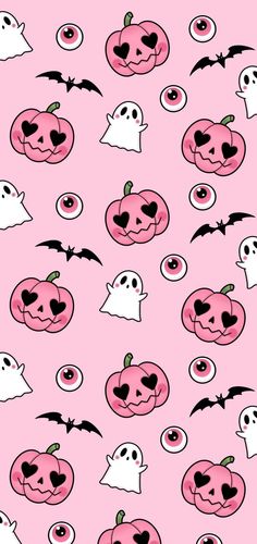 a pink background with lots of halloween pumpkins and ghost faces on the bottom half