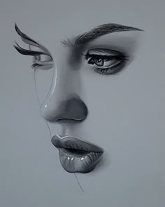 a pencil drawing of a woman's face with her eyes closed and lips open