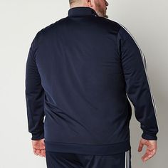 For a casual track jacket you can just throw on and go, try this one from adidas' men's big and tall collection. It's made from a midweight tricot fabric to keep you warm and features a classic-fit, long-sleeves, front slip pockets, and a zipper closure. Style it with joggers and sneakers. Closure Type: ZipperFit: Classic FitPockets: 2 Front Slip PocketsSleeve Length: Long SleeveWarmth Factor: MidweightOuterwear Length: MidFiber Content: 100% PolyesterFabric Description: TricotCoat Style: Track Navy Adidas Track Jacket For Sports, Adidas Navy Track Jacket For Sports, Navy Sports Track Jacket With Ribbed Cuffs, Navy Adidas Track Jacket For Streetwear, Adidas Navy Track Jacket For Streetwear, Navy Track Jacket With Ribbed Cuffs For Sports, Navy Adidas Long Sleeve Track Jacket, Adidas Navy Long Sleeve Track Jacket, Sporty Navy Adidas Outerwear