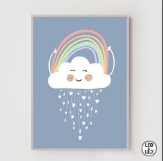 a cloud with hearts and rainbows hanging from it's side on a wall