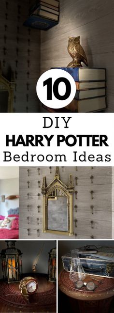 the top ten harry potter bedroom ideas with pictures and text that reads, 10 diy harry potter bedroom ideas