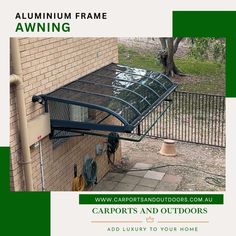 an advertisement for a carports and outdoor doors company, featuring the aluminum frame awning