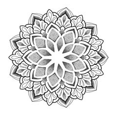 a black and white drawing of a flower with leaves in the center, on a white background