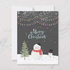 a christmas card with a snowman and a tree in the snow on a dark background