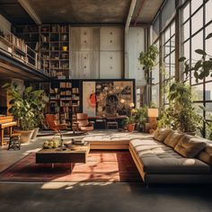 a living room filled with furniture and lots of windows next to a large book shelf