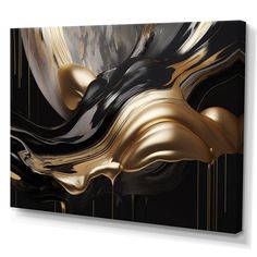 an abstract painting with gold and black colors