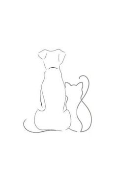 a drawing of a dog and cat sitting next to each other on a white background