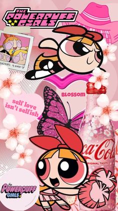 an advertisement with cartoon characters and flowers on the front cover of a magazine, featuring a girl in a pink hat