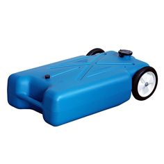 a blue plastic container with wheels on the front and side, sitting on a white background