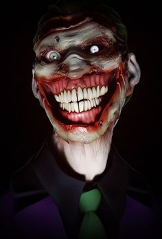 an evil clown with green eyes and white teeth