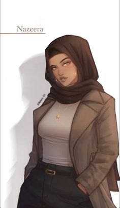 a drawing of a woman wearing a hijab and standing in front of a white wall