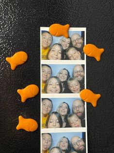 four pictures of people with orange fish magnets in front of them on a black surface