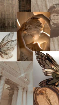 a collage of images with different types of art and architecture in the middle one has a butterfly on it's wing