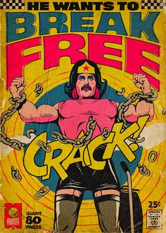 an old comic book cover with a man holding chains