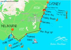 a map showing the route for sydney to melbourne on a blue ocean with red and white markers