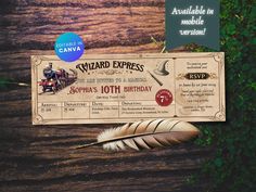 an old fashioned ticket with a feather on it and the words wizard express written below