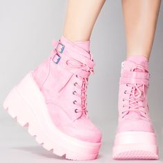 You’re A Brat And You Know It With The Sucker Punch Platform Boots From Demonia. These Cute Festival Boots Feature An All Pink Vegan Suede Upper, Lace-Up Front, Holograph Hardware, Strap And Buckle Details At The Ankle, And Interior Zipper Closure. Throw On These Cute Boots And Let Them Know As Long As You Get What You Want No One Gets Hurt! Sucker Punch Platform Boots 4 1/2" Wedge Platform Microfiber Suede Leather Goth Punk Gogo Knee Boot Double Buckled Ankle Straps Back Zipper Closure Pink Chunky Shoes Reference, Platform Boots Pink, Pink Goth Shoes, Casual Pink Lace-up Heels, Spring Platform Boots With Laces And Round Toe, Spring Platform Boots With Round Toe And Laces, Platform Boots For Spring Streetwear, Pink Low-top Leather Boots, Pink Lace-up Platform Boots