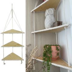 PRICES MAY VARY. VERSATILE; Perfect as floating nightstands for bedrooms, window plant shelf, office hanging shelf EASY INSTALL; These boho light wood hanging swing rope floating shelves come fully assembled. QUALITY; This hanging corner shelf is crafted with Sustainably Sourced pine and handwoven macrame. FEATURES; Includes wall mount hook, adjustable shelving height, sealed pine to prevent water marks GIFT IDEA; Perfect as rustic hanging corner shelf, hanging shelf for plants or hanging booksh Hanging Corner Shelf, Farmhouse Macrame, Shelf For Plants, Rustic Corner Shelf, Bookshelf Corner, Corner Wall Shelf, Window Plant Shelf, Pine Wood Walls, Shelf For Living Room